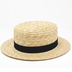 Summer straw hat Boater with black ribbon