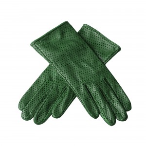 Perforated leather gloves with slit green